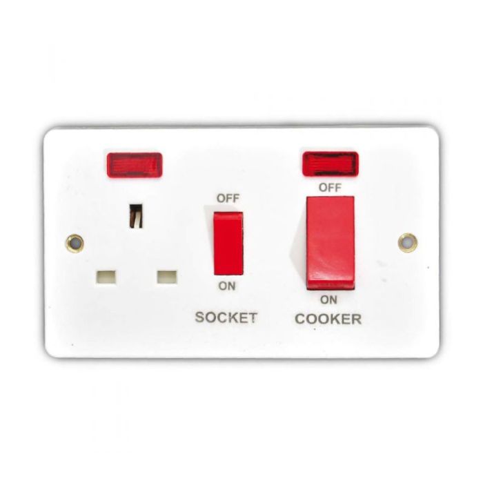 Swe 45A 2-Gang White Neon Cooker Switch & 13A Switched Socket
