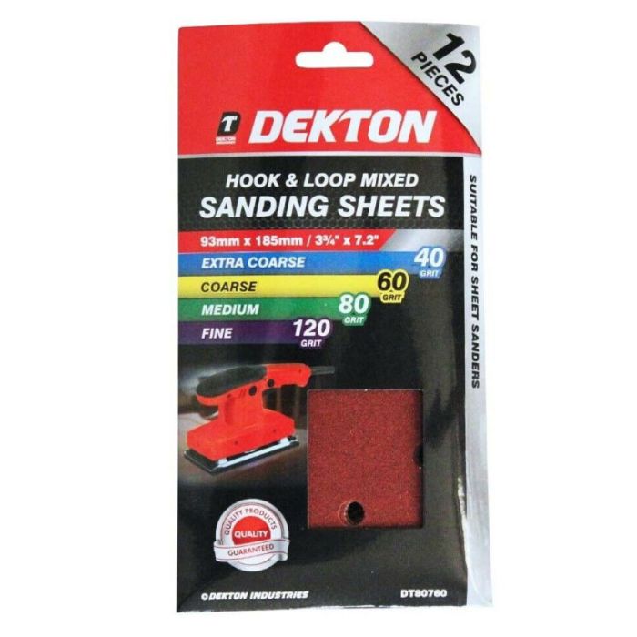 Dekton 93x185mm Orbital Sanding Sheet Grit 40-120 12pcs