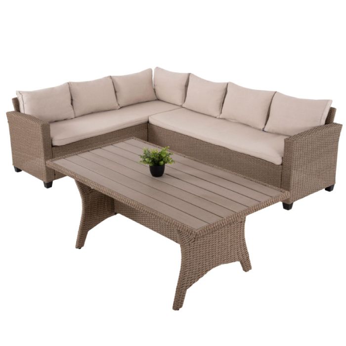 Carson Synthetic Rattan PS Wood 6 Seater Mocha Garden Corner Sofa Set