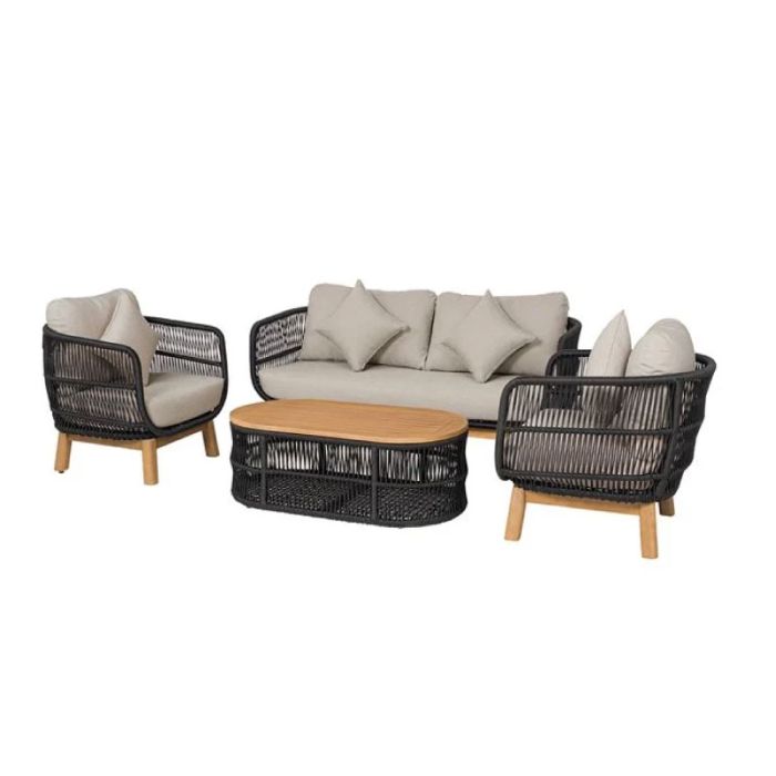 Mark Acacia Natural Rope Wicker  4 Seater Black Beige Garden Sofa Set