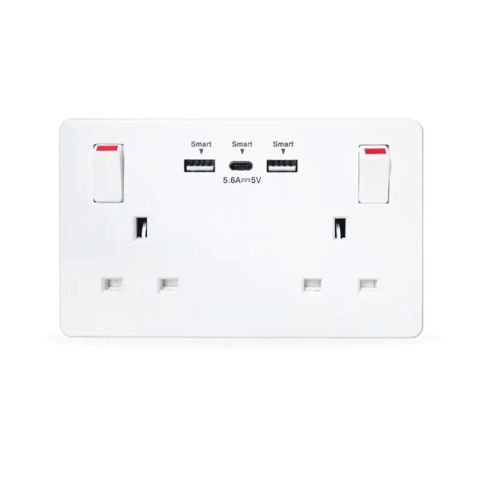 Al C 13A 2-Gang White Swicthed Plug Socket & Charger USB